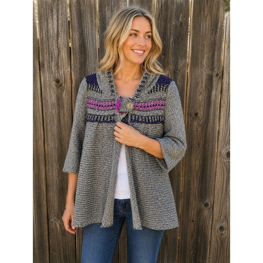 Free People Womens Small Hooded Fair Isle Wool Blend Boho Cardigan Gray‎